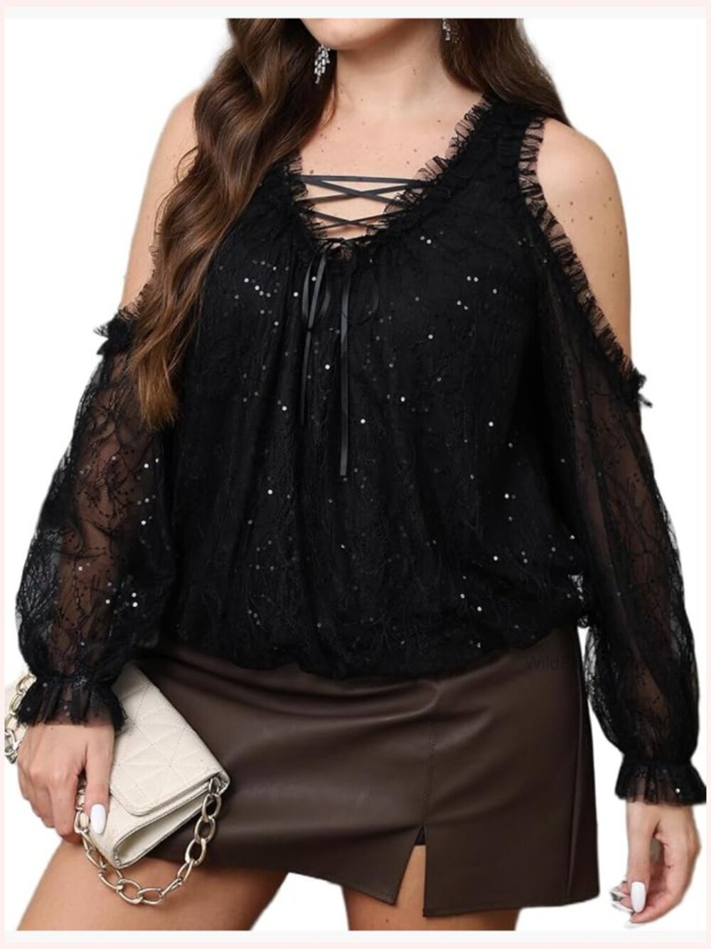Plus Size Cold Shoulder Blouse Womens Long Sleeve Ruffle Lace V Neck Tie Front